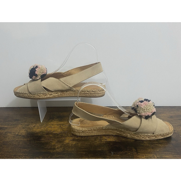 Naguisa Espadrille Peep Toe Sandals Sz 11 Beige‎ Pom Poms Ankle Strap - Picture 3 of 11